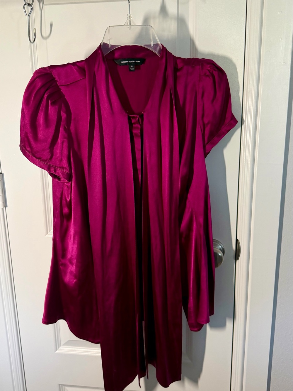 Express Fuchsia Satin Tie-Neck Blouse
